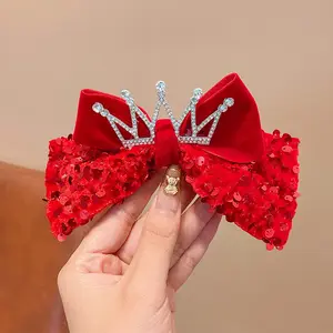Offre Spéciale accessoires de cheveux de princesse couronne paillettes rouges arc pinces à cheveux filles arc épingles à cheveux