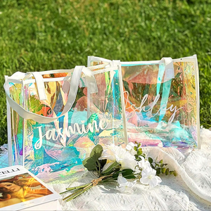 Customized Printed <b>Clear</b> Iridescent Holographic PVC Tote <b>Handbag</b> Reusable Logo Handle Shopping Beach Bag - Product Image 1