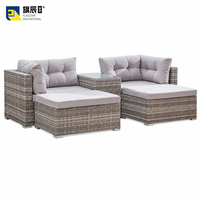 Canapé modulaire d'extérieur en 5 pièces, en osier gris, avec ottoman et table en verre