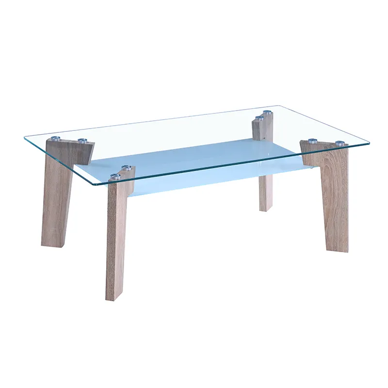 Modern light luxury glass coffee table living room tea table simple multifunctional tempered glass table with Solid Wood Legs