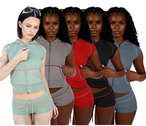 Nouveauté : Ensemble deux pièces en maille gaufrée pour <span class=keywords><strong>femme</strong></span> – Haut à capuche zippé à manches courtes et short assorti - Product Image 1
