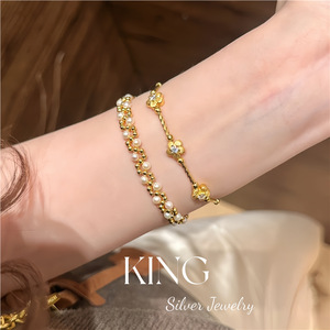 เครื่องประดับคิงซิลเวอร์ S925 สร้อยข้อมือดอกไม้ชุบทองสำหรับผู้หญิงสวมใส่ทุกวัน - Product Image 3