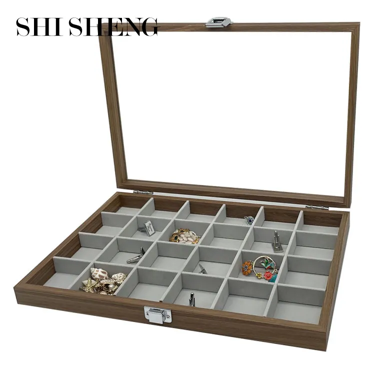 SHI SHENG 24 Grid Velvet Drawer Insert Jewelry Storage box with Transparent Glass Lid for Jewelry Display Case with Lock Gifts