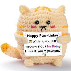 Figurine de <span class=keywords><strong>chat</strong></span> gingembre en crochet faite main en tissu, avec carte d'anniversaire, cadeau « Meow-velous Purr-thday », <span class=keywords><strong>jouet</strong></span> tricoté - Product Image 4