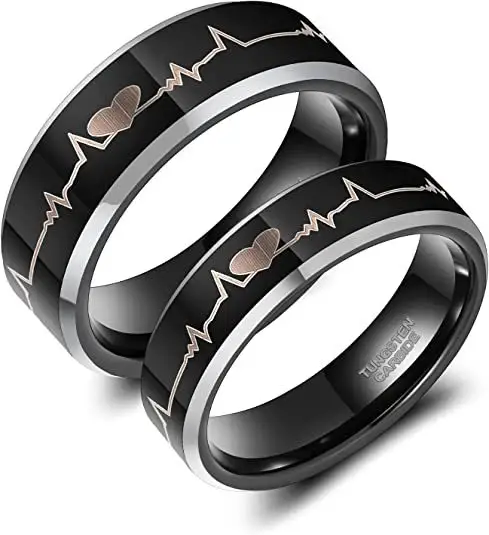 Cincin pasangan pukulan hati pabrik grosir lebar 6/8mm cincin warna berubah cincin baja Tungsten hitam