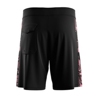 Shorts de surf pour hommes Stealth noir et rose avec décorations géométriques, poche arrière à rabat, empiècements latéraux en maille ventilée
