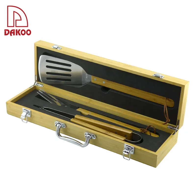 High Grade Stainless Steel Barbecue 4Pcs BBQ Tools Set With BBQ Bamboo Box