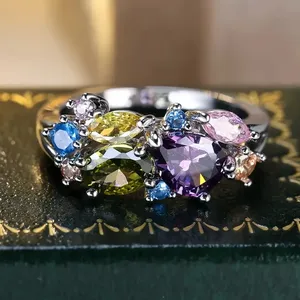 Anillos CAOSHI de Plata con Circonitas Brillantes Multicolores, Diseño Geométrico Elegante, Anillos de Compromiso y Boda para Mujer - Product Image 3