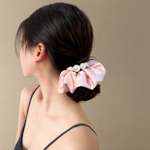 Crema per capelli in raso coreano blu scuro con bordo perlato crasso Design dolce coda di cavallo bassa sensazione di elastico da viaggio - Product Image 3