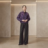 Veste Gambiered de style chinois à manches longues, col montant, fermeture éclair, ourlet à cordon de serrage, en tissu premium 100% soie de mûrier à motif bambou