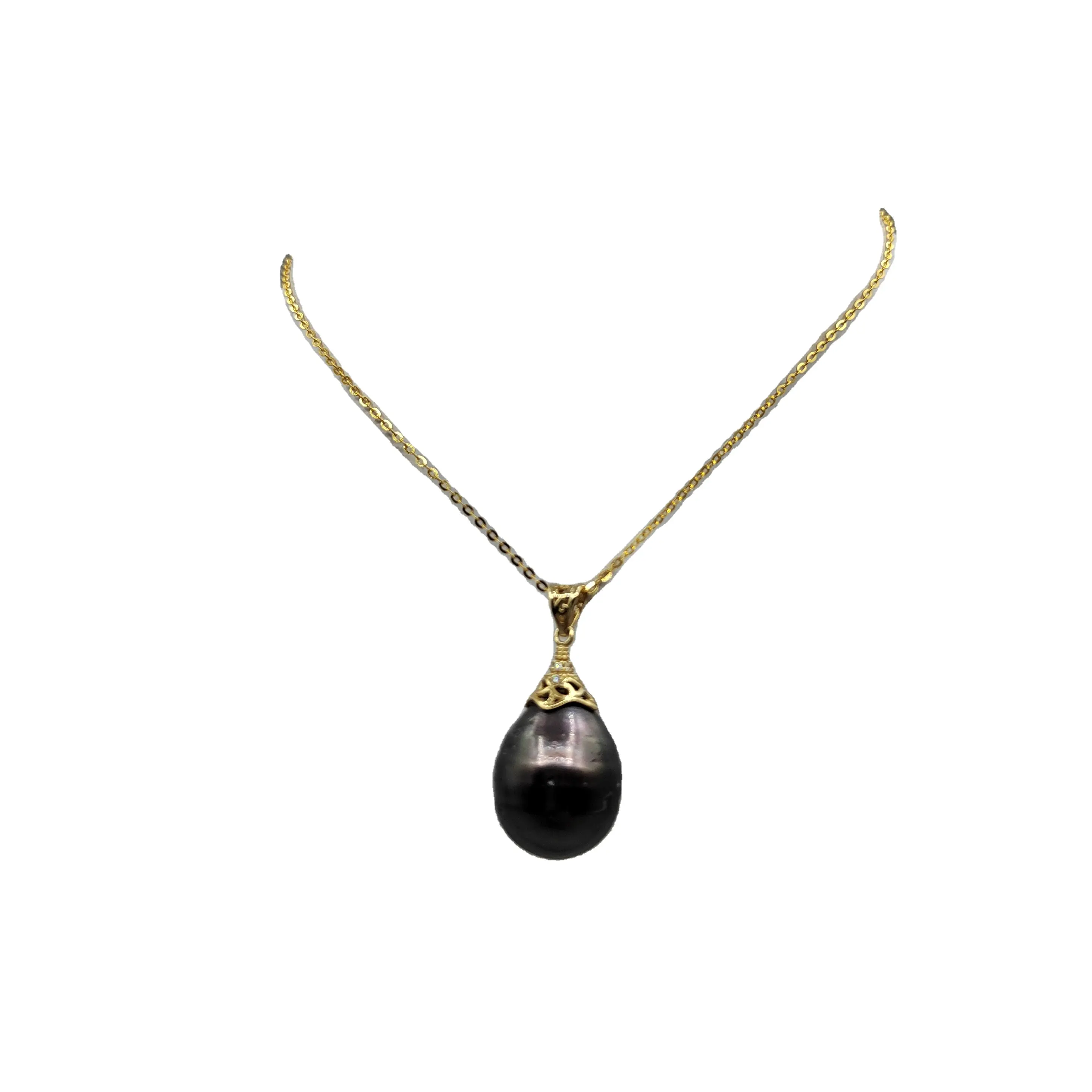 14-15mm 3A grade peacock black 18K pure gold S925 real natural tahitian tahiti pearl necklace baroque tahiti pearl pendant