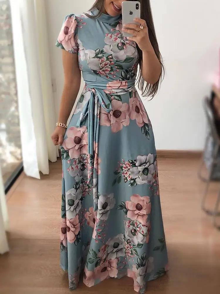 New Arrival Summer High Quality Stand Neck Floral Printed Woman Casual maxi Dress