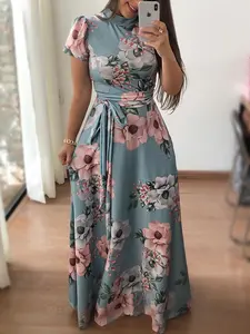 New Dresses New Arrival Summer High Quality Stand Neck Floral Printed Woman Casual Maxi Dress