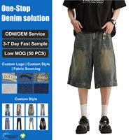 Shorts en jean pour homme, style rétro, délavé foncé, avec empiècements et détails de coutures, coupe ample mi-longue, décontracté, unisexe