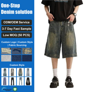 Shorts en jean pour homme, style rétro, délavé foncé, avec empiècements et détails de coutures, coupe ample mi-longue, décontracté, unisexe - Product Image 1