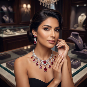 Elegant Brass <b>Ruby</b> Red Zircon Rhodium Plated Choker <b>Necklace</b> Earring Set for Women Luxury CZ Crystal Bridal Party Wedding Gift - Product Image 2