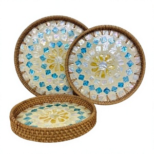 Handmade Modern Eco-Friendly Mother Pearl Inlay Serving Tray Set 3 Decorative Woven Capiz Shell Coffee Table Tray Unique <b>Kitchen</b> - Product Image 1