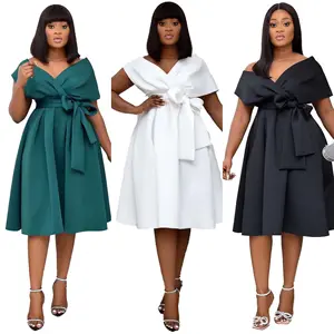 Latest plus size women's sexy deep V-neck A-line swing sash bow African office dress