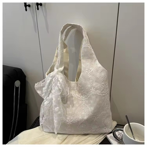 Bolsa de Mano de Lona Blanca Pura a la Moda para Mujer, Gran Capacidad, con Lazo Abierto y Bonito Estampado Floral, Forro de Poliéster - Product Image 4