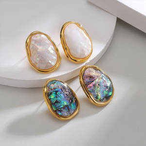 Pendientes de Moda de Acero Inoxidable 316L, Chapados en Oro de 14k y 18k, Pendientes Finos con Incrustaciones de Concha de Abulón para Mujer - Product Image 4