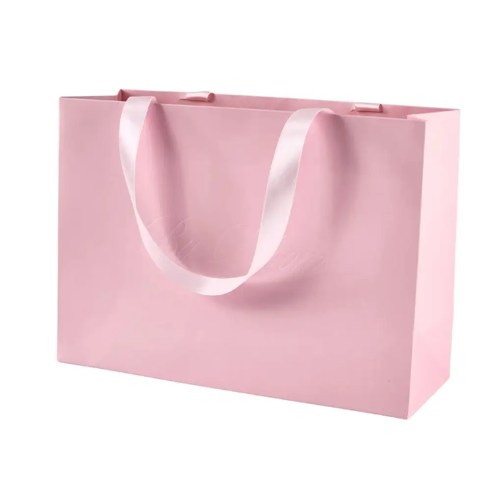 Eingang Luxus benutzerdefinierte geprägte Logodruck mit Ihrem eigenen Logo Band rosa Schmuck Verpackung klein einkaufen Kleidung Papiertüten