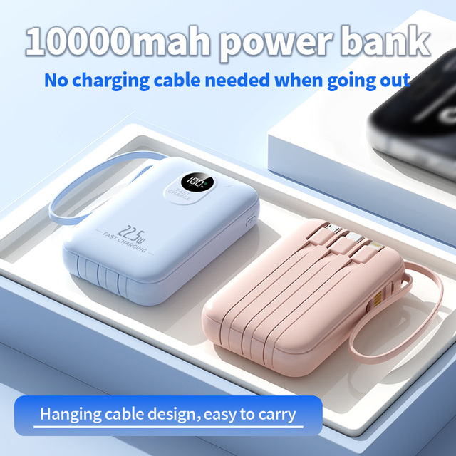 Factory Wholesale 22.5W Fast Charging Powerbank with Built-in Cable 10000mAh High Capacity Digital Display Portable Power Bank