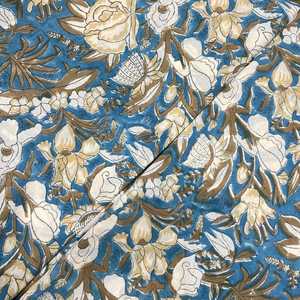 Blue Floral Block <b>Print</b> Cotton Voile Fabric 44 Inch HandDyed Indian <b>Botanical</b> Cotton Textile Soft Lightweight Dress Material - Product Image 4