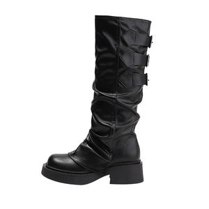 Bottes Maillard noires imperméables à fermeture éclair haute, au-dessus du genou, pour <span class=keywords><strong>femme</strong></span>, nouvelle collection automne-hiver 2024, style rétro britannique à semelle épaisse - Product Image 1