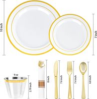 Ensemble de vaisselle jetable en plastique à bord doré de 175 pièces comprenant 50 assiettes, 25 gobelets, 25 serviettes pré-roulées avec couverts