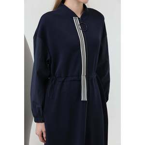 Puane Women's Navy Blue Shirred Waist <b>Dress</b> with Front Zipper and Stripe Details, Elegant Casual Midi <b>Dress</b> for Daily & Special - Product Image 2