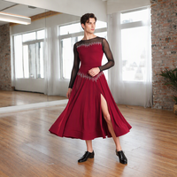 Robe de danse de salon bordeaux pour femme, robe de compétition et d'entraînement, en spandex, polyester, strass, sans manches, maille, adulte