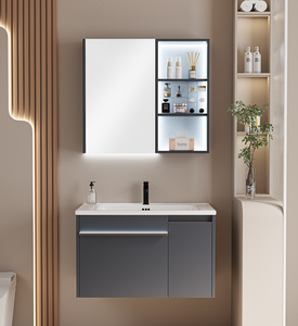 Mobile Bagno Moderno Grigio Sospeso in Legno Massello con Lavabo Integrato in Ceramica e Specchio LED Intelligente - Product Image 4