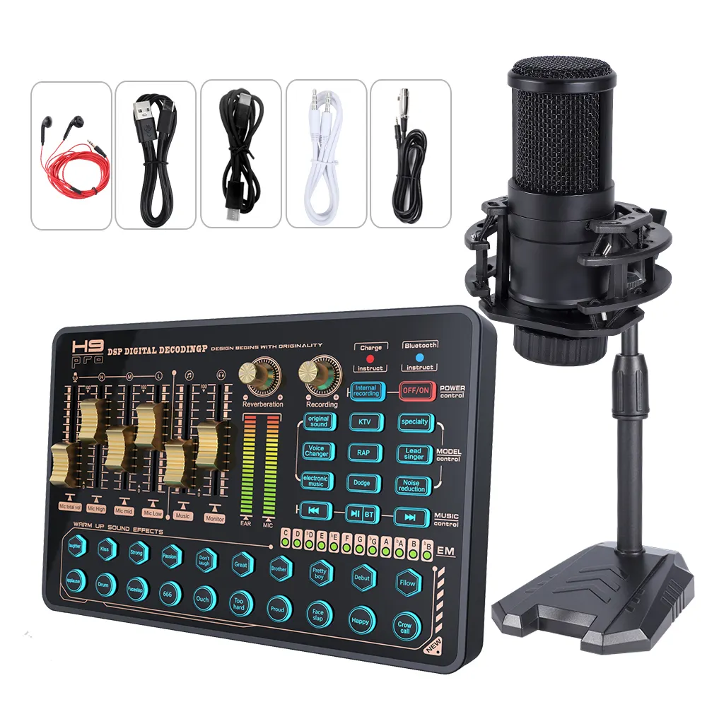 Huayi Voice V9 fone de ouvido alto-falante alto-falante podcast placas de som interface de áudio gravação estúdio placas de som para cantar
