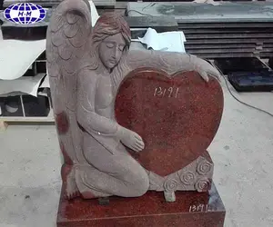 Custom Angel and Heart Design India Red Granite Flat Headstone