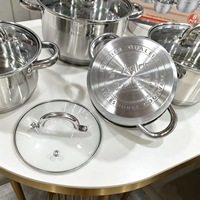 Ensemble de casseroles en acier inoxydable minimaliste moderne à double poignée, 8 pièces, couvercle en verre, compatible induction, passe au lave-vaisselle