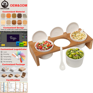 Set di 3 Ciotole in <span class=keywords><strong>Ceramica</strong></span> per Condimenti con Portaspezie in Bambù Premium con Coperchio e Cucchiaio - Product Image 1