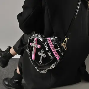 2023 New Heart Stuff Handbags Punk Rivet Cross Purse Designer Y2K Crossbody Handbags Ladies Pu Heart Purses For Party