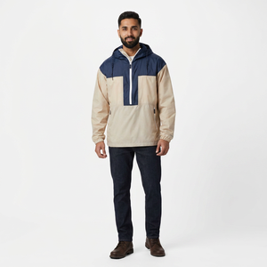 Custom Made Hooded Windbreaker Jacket with Stand Collar and Front Logo <b>Canvas</b> Fabric Vintage Style for Men - Product Image 1
