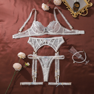 Women White Floral Lace Lingerie Set Underwire Bra High Waist Garter Belt <strong>Panty</strong> 3 Pieces Romantic Bridal Sexy Nightwear - Product Image 4