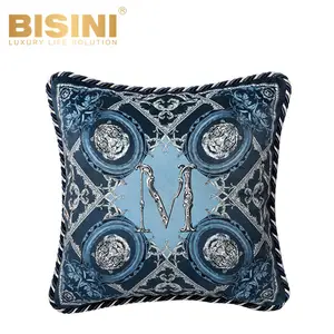 Mewah Gaya Italia koleksi Mulia empat kepala singa desain bantal belakang biru lembut pendek bantal tempat tidur mewah