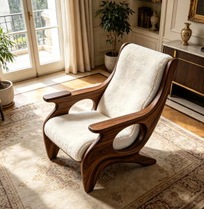Poltrona Singola Imbottita in Sherpa Bianco con Telaio in Fibra di Vetro Effetto Legno per Interni Residenziali dal Look Mid-century - Product Image 5