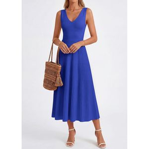 Vestido midi plisado sin mangas con cuello en V para mujer, informal, línea A, tejido, transpirable, para trabajo, cóctel, boda, invitada. - Product Image 6