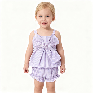 Maxine Abbigliamento Estivo per Bambini, Completo Due Pezzi Casual a Maniche Lunghe, Outfit Carino per Ragazze con Grande Fiocco in Seersucker - Product Image 3