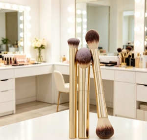 Ensemble de pinceaux de <span class=keywords><strong>maquillage</strong></span> Dragon Complexion Essentials, pinceaux dorés avec support et boîte <span class=keywords><strong>pour</strong></span> fond de <span class=keywords><strong>teint</strong></span>, blush et poudre - Product Image 1
