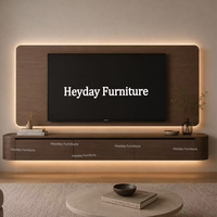 Mueble de TV Flotante Curvo Estilo Japandi Cinewall con Puertas con Relieve 3D y Panel de Pared con Retroiluminación LED Moderno