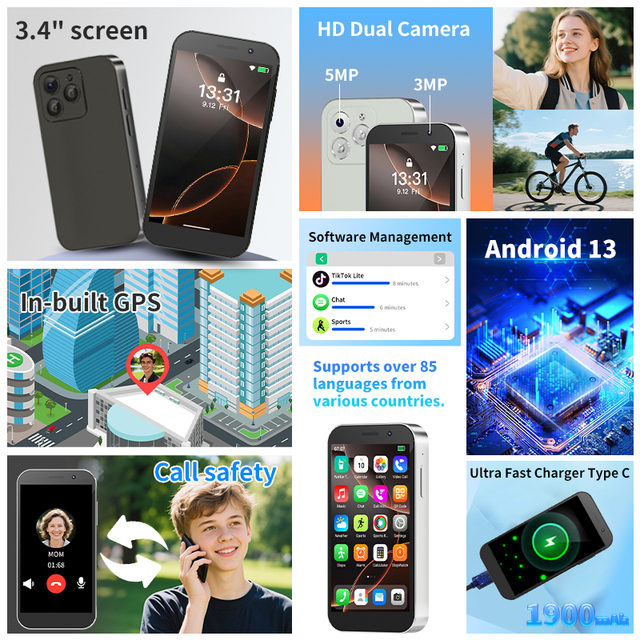 4g Kids Android 13 Smartphone Kids Phone Call Video Calling 3.4-inch Display Single SIM Card Phone AI Smart Phone