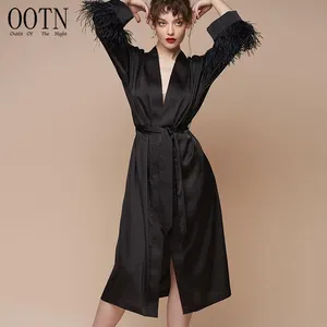 OOTN Robes de Demoiselle d'Honneur Robe Longue Cardigan Pijamas Col V Kimono Robe de Nuit Chemise de Nuit Noir Peignoir Manches Longues Robe de Plume