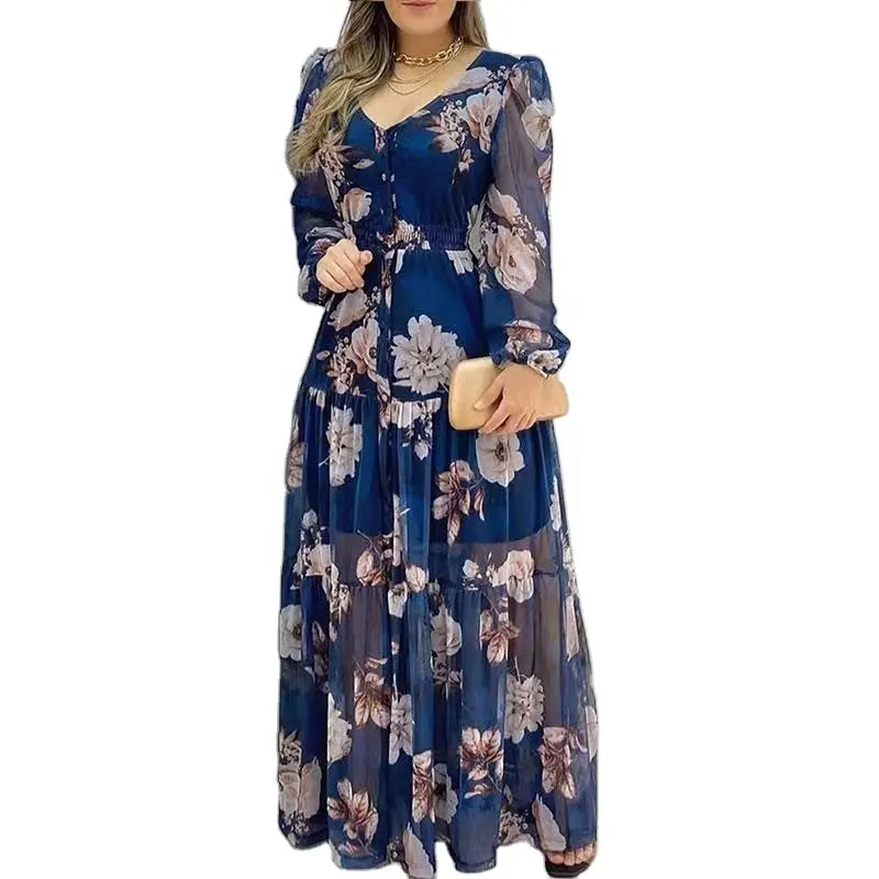 YT Casual señoras moda gasa Sexy cuello en V malla estampado Maxi vestidos florales mujeres elegante vestido largo