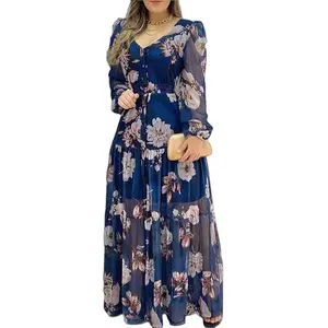 YT Casual Ladies Fashion Chiffon Sexy V Neck Mesh Print Maxi Floral Dresses Women Elegant Long Dress