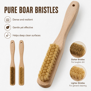 Brosse de nettoyage en bois de hêtre laqué à poils rigides blanchis avec boucle de suspension pour chaussures et bijoux – Vente en gros - Product Image 3